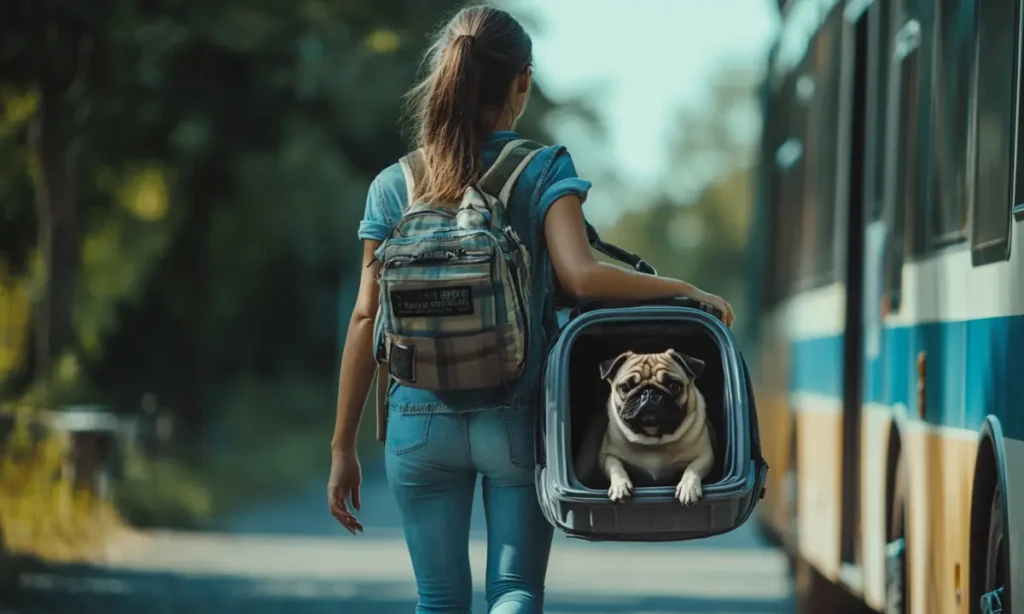 A woman walking towards a bus with a Pug dog in a pet travel carrier.