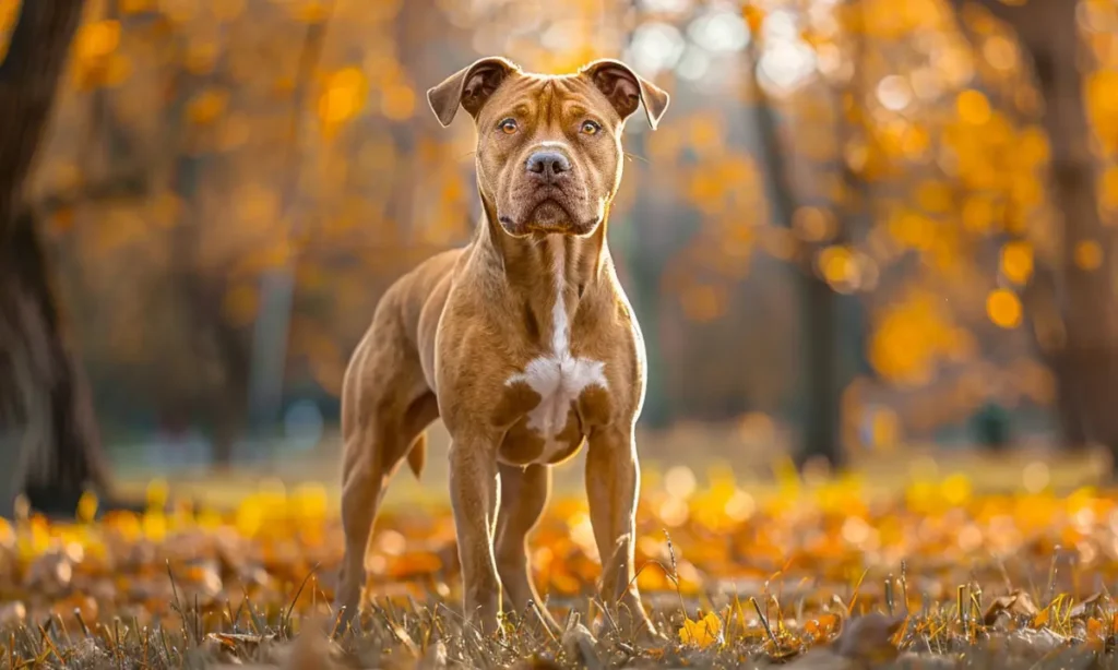 A tan American Pit Bull Terrier with white markings on its chest standing in a park.