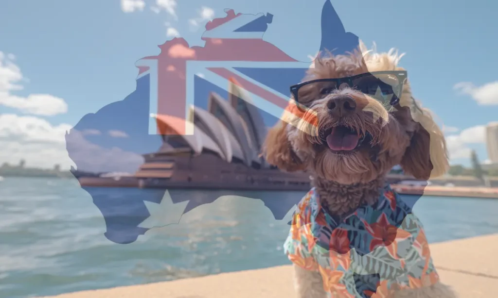 A cavoodle wearing a colourful shirt standing in front of the Sydney Opera House with a map of Australia in the form of the Australian flag faded into the background