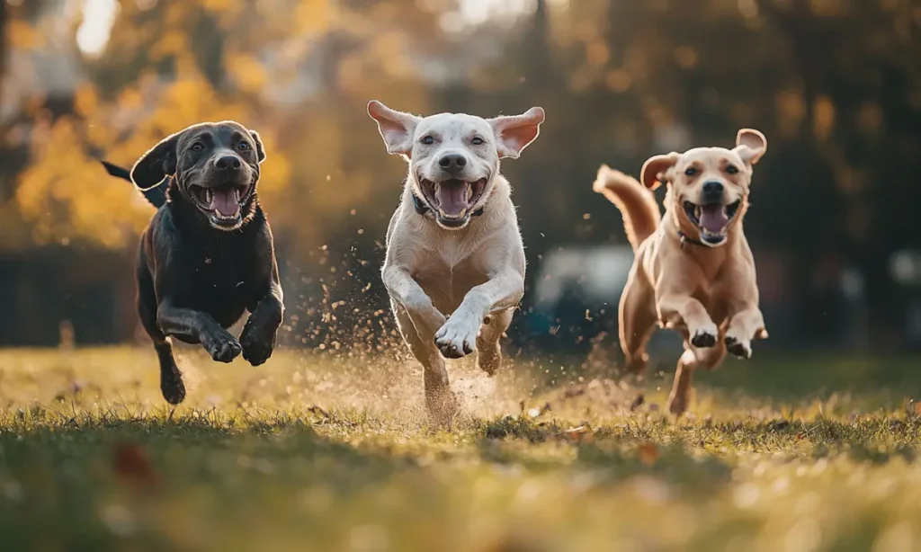 Three dogs running together in a dog park on a sunny summer day.