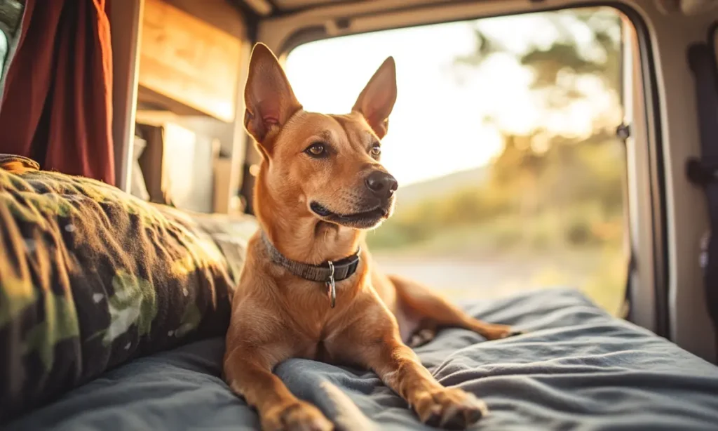 An Australian Kelpie dog laying in the back of a camper van.