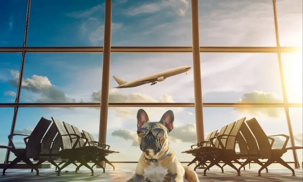 A French Bulldog wearing sunglasses sitting in an airport lounge in front of a panel glass wall with a plane flying in the background.