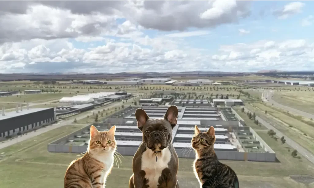 A French Bulldog sitting in between two cats with the Mickleham quarantine facility in the background.