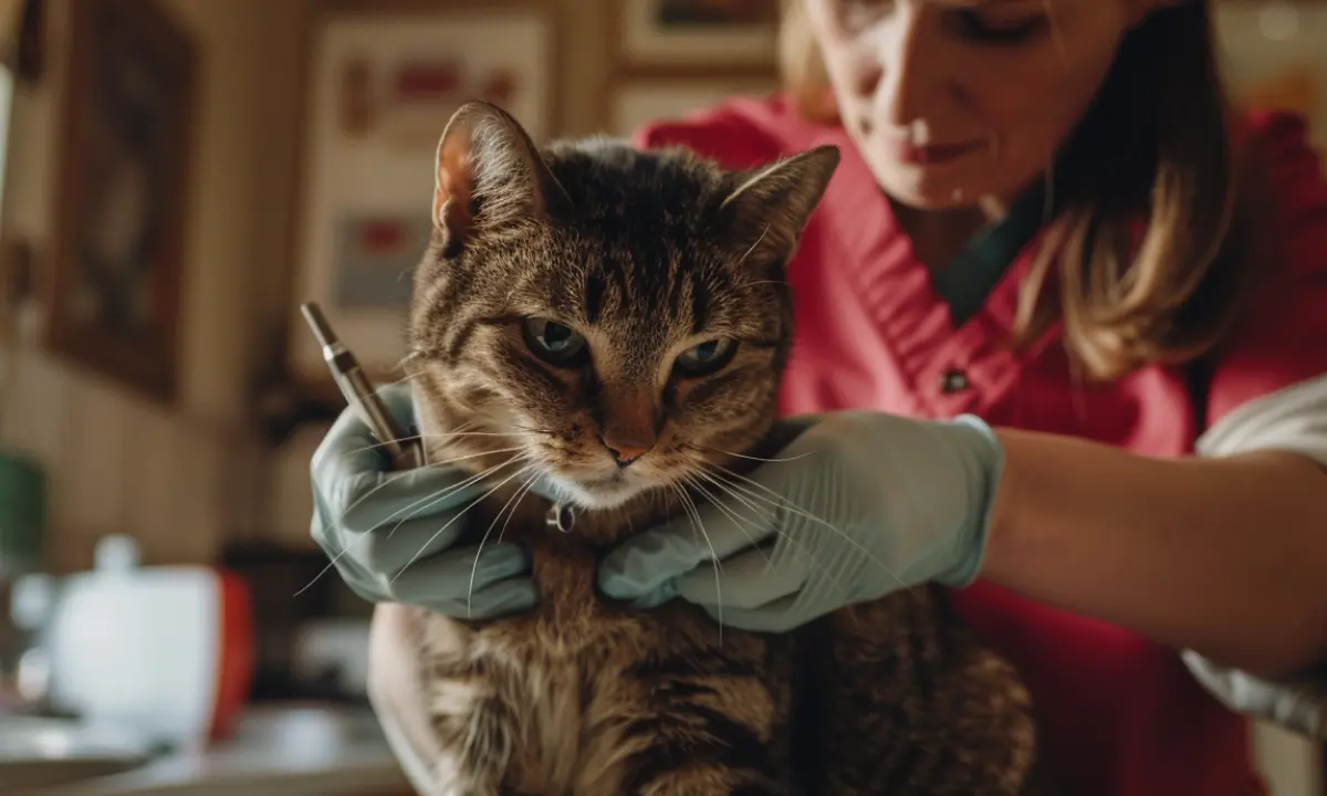 A vet microchipping a pet cat.