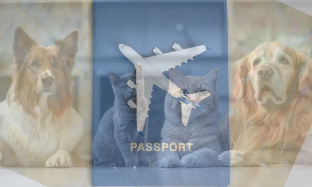 A passport and plane fading into an image of two cats flanked by two dogs.