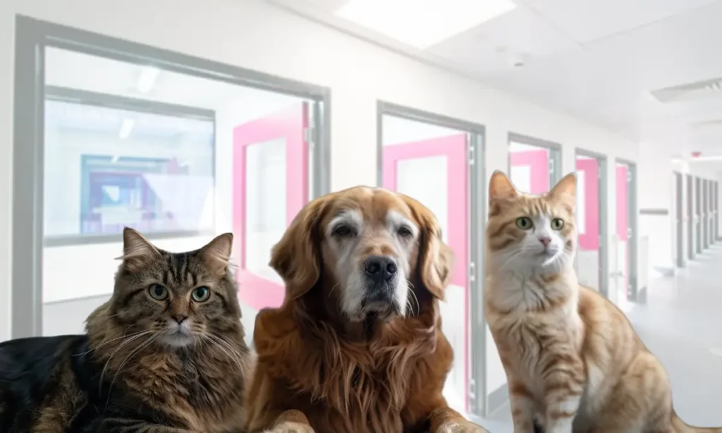 A golden retriever in between two cats with pet quarantine rooms in the background.