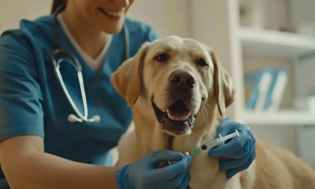 A Golden Labrador with a vet preparing a pet vaccination.