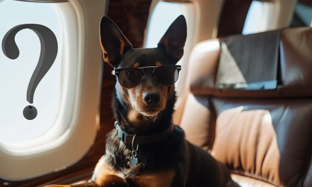 An Australian Kelpie dog sitting on a first-class plane seat with a question mark on a window in the background.