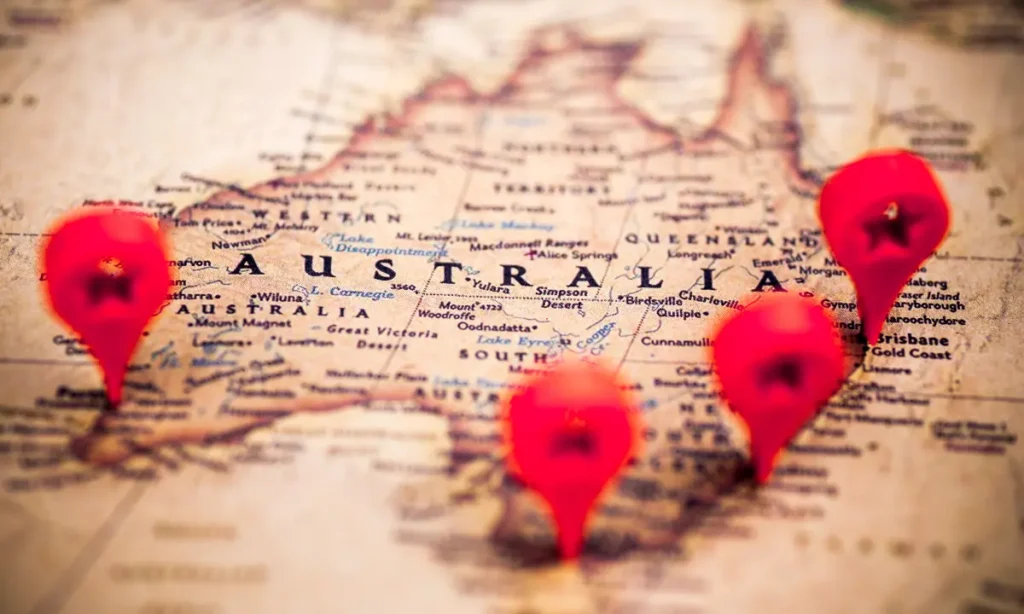 A map of Australia with red pins marking different locations.