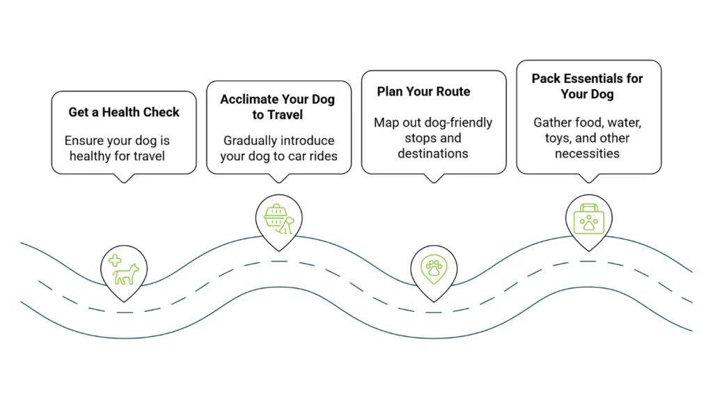 Steps to prepare for a road trip with your dog.