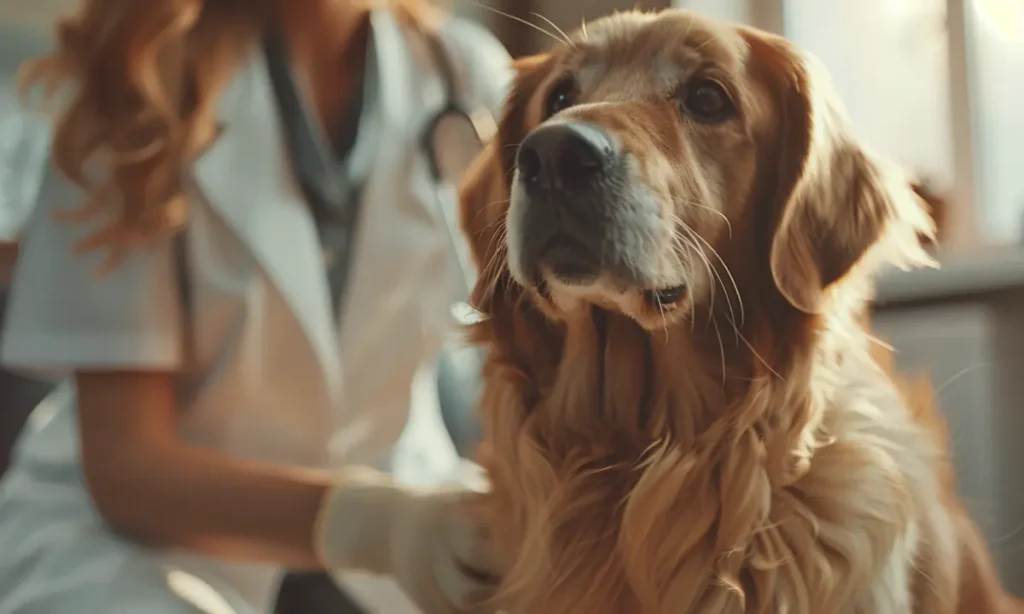 A vet administering the rabies shot to a Golden Retriever.