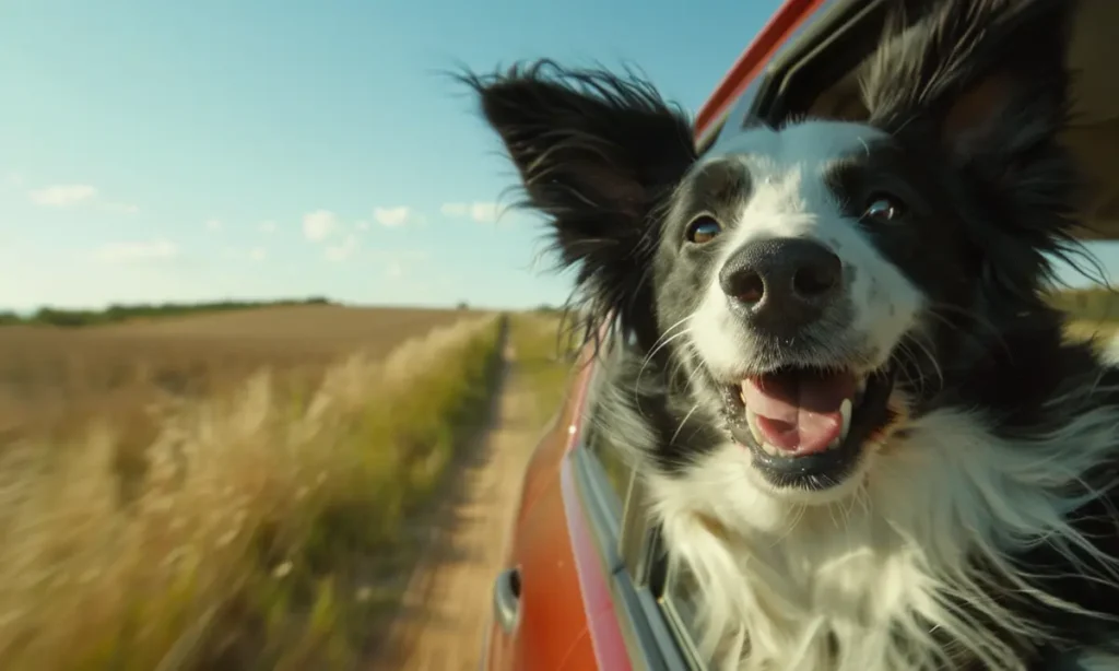 A car driving down a country road with a Border Collie sticking its head out the open window.