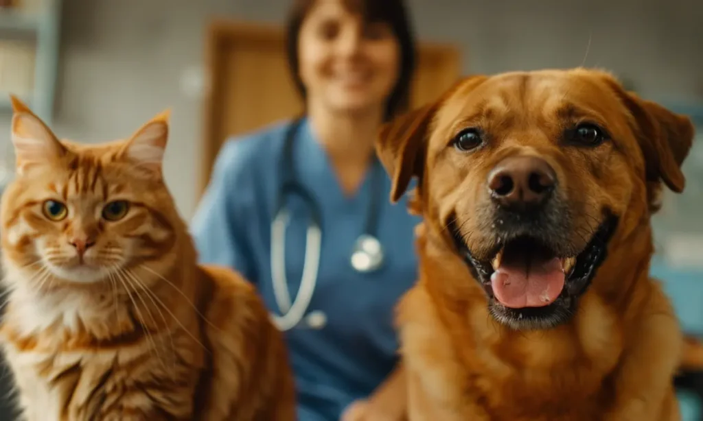 Close up of a dog and a cat with a female vet in the background.