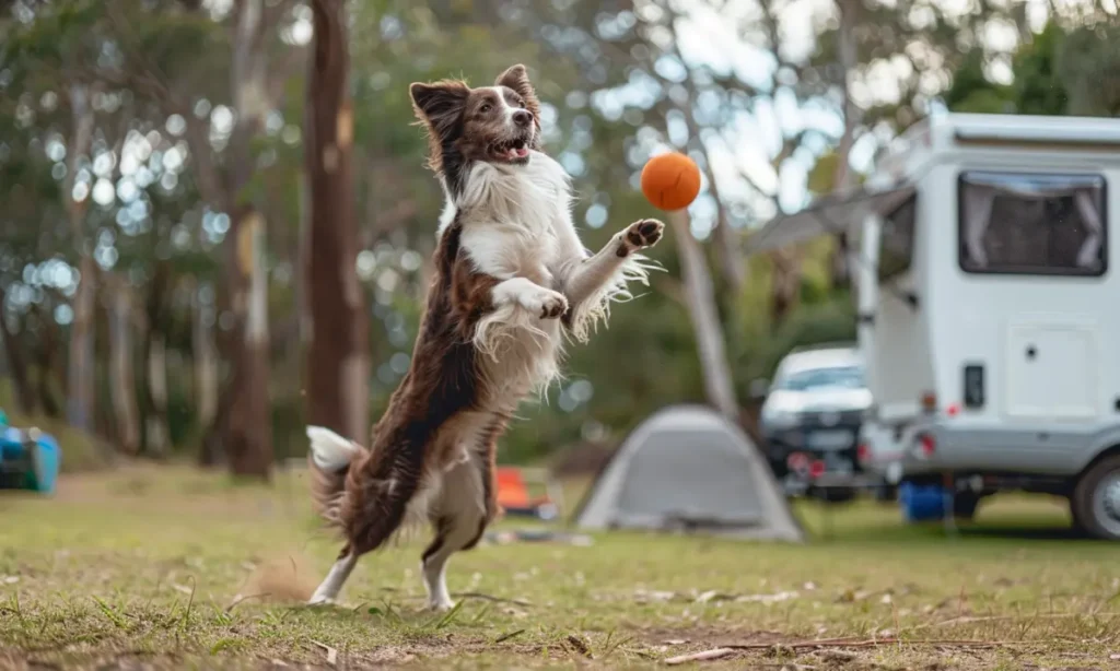 A Border Collie dog jumping to catch a ball in a campsite.