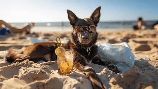 Australian Kelpie wearing sunglasses relaxing on the beach with a cocktail.