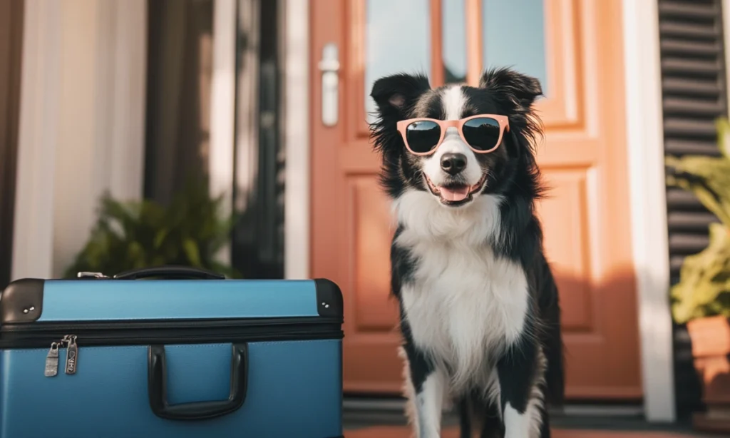 A Border Collie dog wearing sunglasses standing beside a suitcase on the front doorstep.