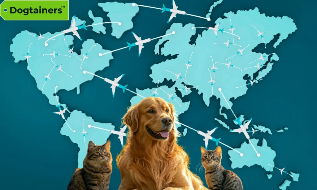 A Golden Retriever dog laying between two cats with airplane icons dotting a world map in the background