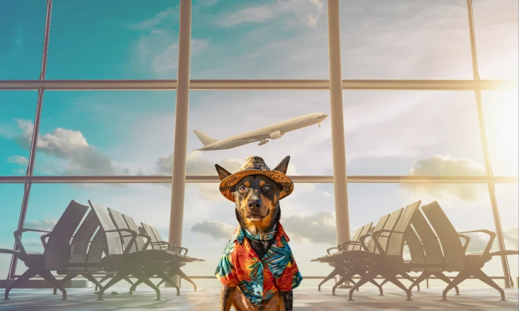 An Australian Kelpie dog wearing a Hawaiian shirt and fedora hat sitting in an airport with a plane flying in the background.