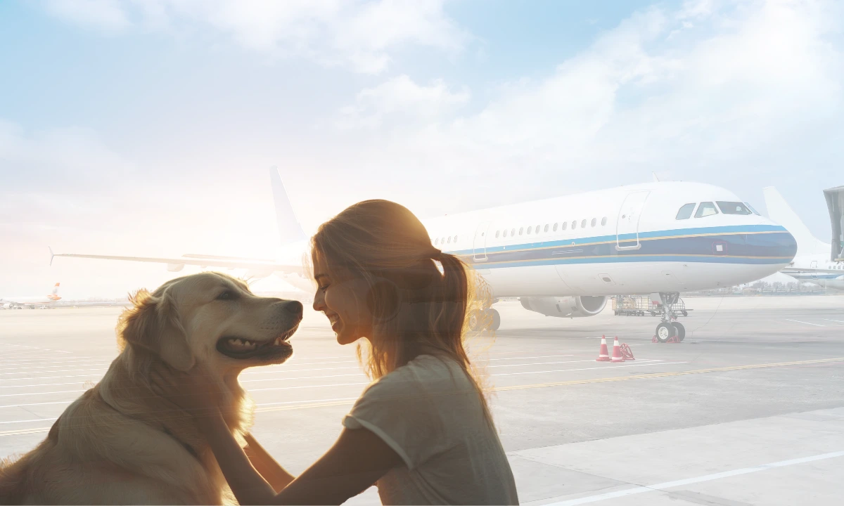 A woman hunkering down face to face with a Golden Retriever dog with a plane on a runway in the background.