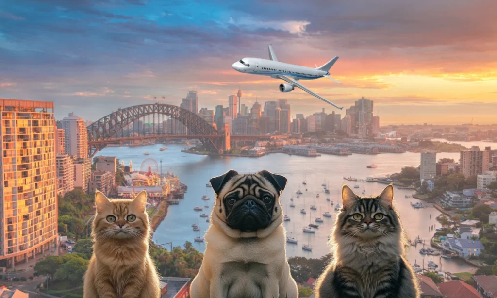 A Pug dog between two Persian Cats against a Sydney backdrop with a plane flying over the city.