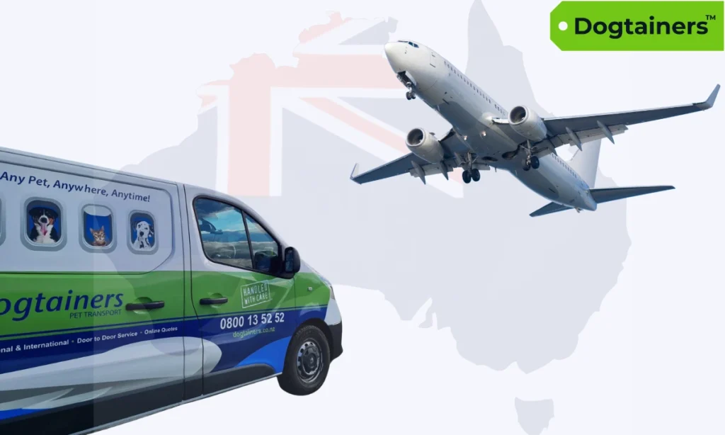 A map of Australia in the style of the Australian flag with a Dogtainers van and a plane in the foreground.