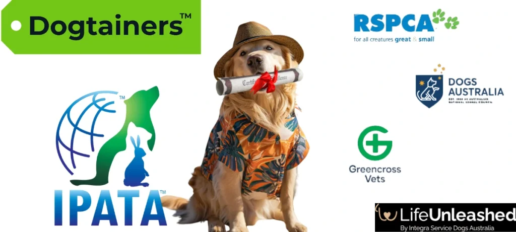 A Golden Retriever wearing a shirt and hat with a certificate in its mouth surrounded by partner company logos.