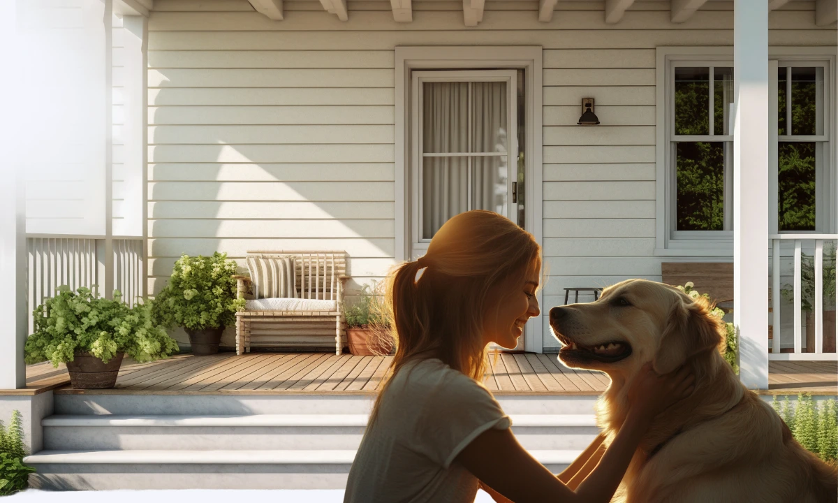 A woman hunkering down to pet her Golden Retriever outside their new home.