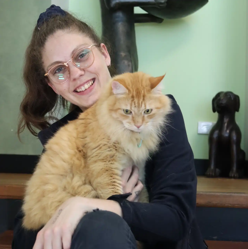 orange cat being held by smiling team member
